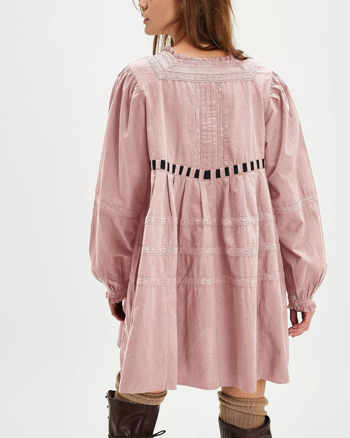 ✨Women's Square Neck Tie Front Long Sleeve Lace Trim Mini Dress(BUY 2 FREE SHIPPING)