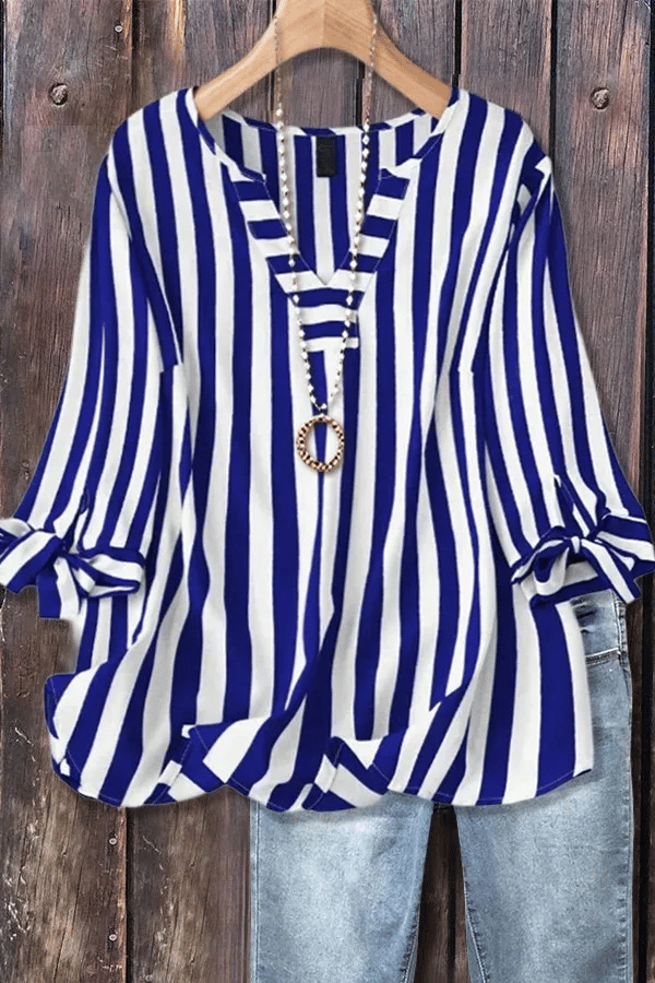 Women's Casual Striped V-Neck Tied Sleeve Top Versatile Blouse