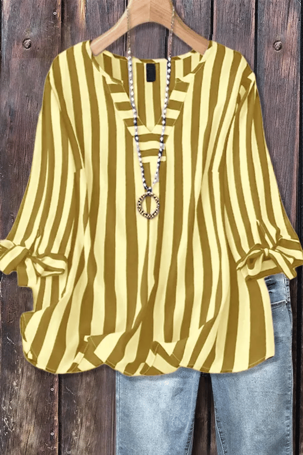 Women's Casual Striped V-Neck Tied Sleeve Top Versatile Blouse