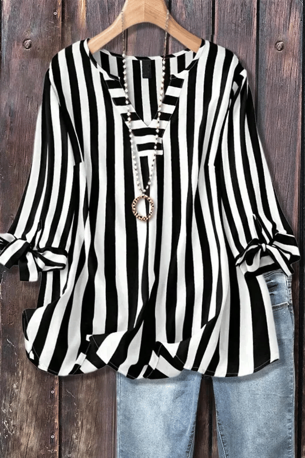Women's Casual Striped V-Neck Tied Sleeve Top Versatile Blouse