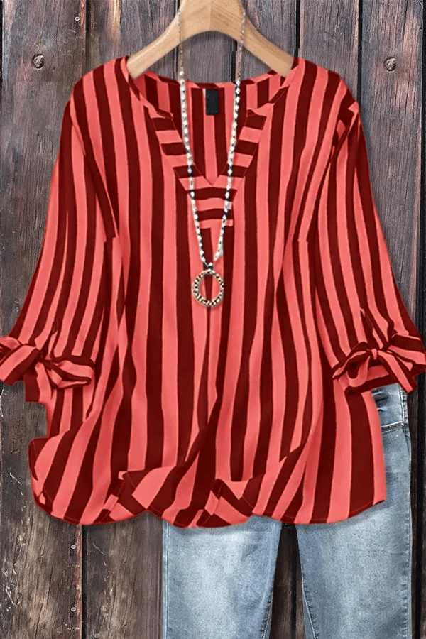 Women's Casual Striped V-Neck Tied Sleeve Top Versatile Blouse