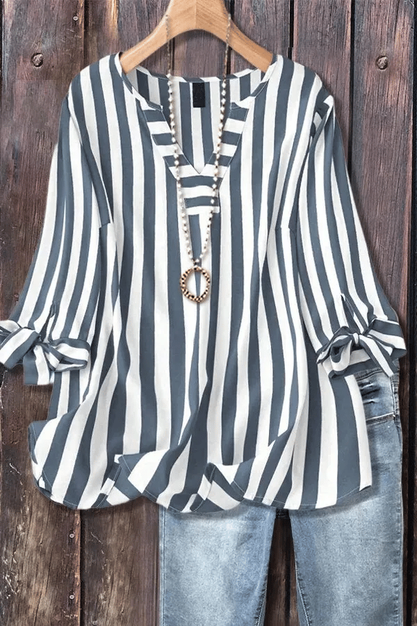 Women's Casual Striped V-Neck Tied Sleeve Top Versatile Blouse