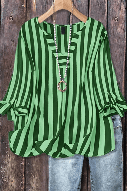 Women's Casual Striped V-Neck Tied Sleeve Top Versatile Blouse