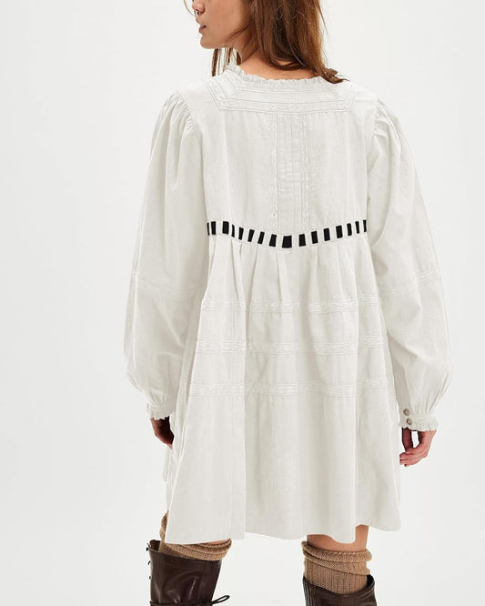 ✨Women's Square Neck Tie Front Long Sleeve Lace Trim Mini Dress(BUY 2 FREE SHIPPING)